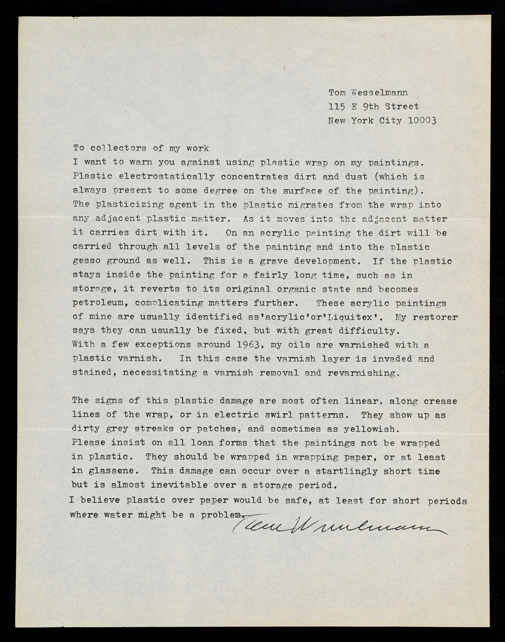 Note from Tom Wesselmann to his collectors included in Emily Hall Tremaine's artist files