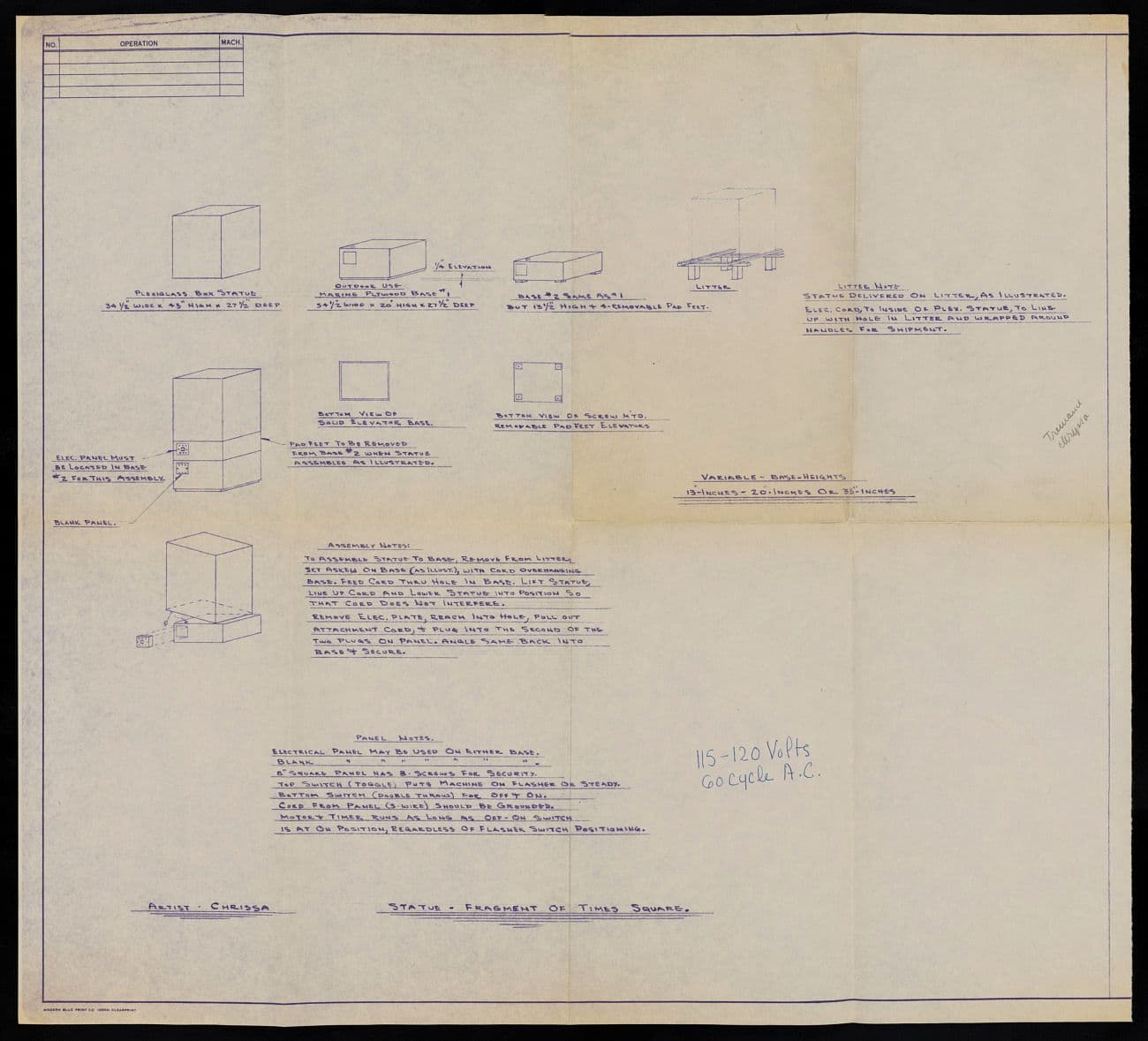 Directions for assembling the construction of Frament for the Gates to Times Square handwritten by Chryssa