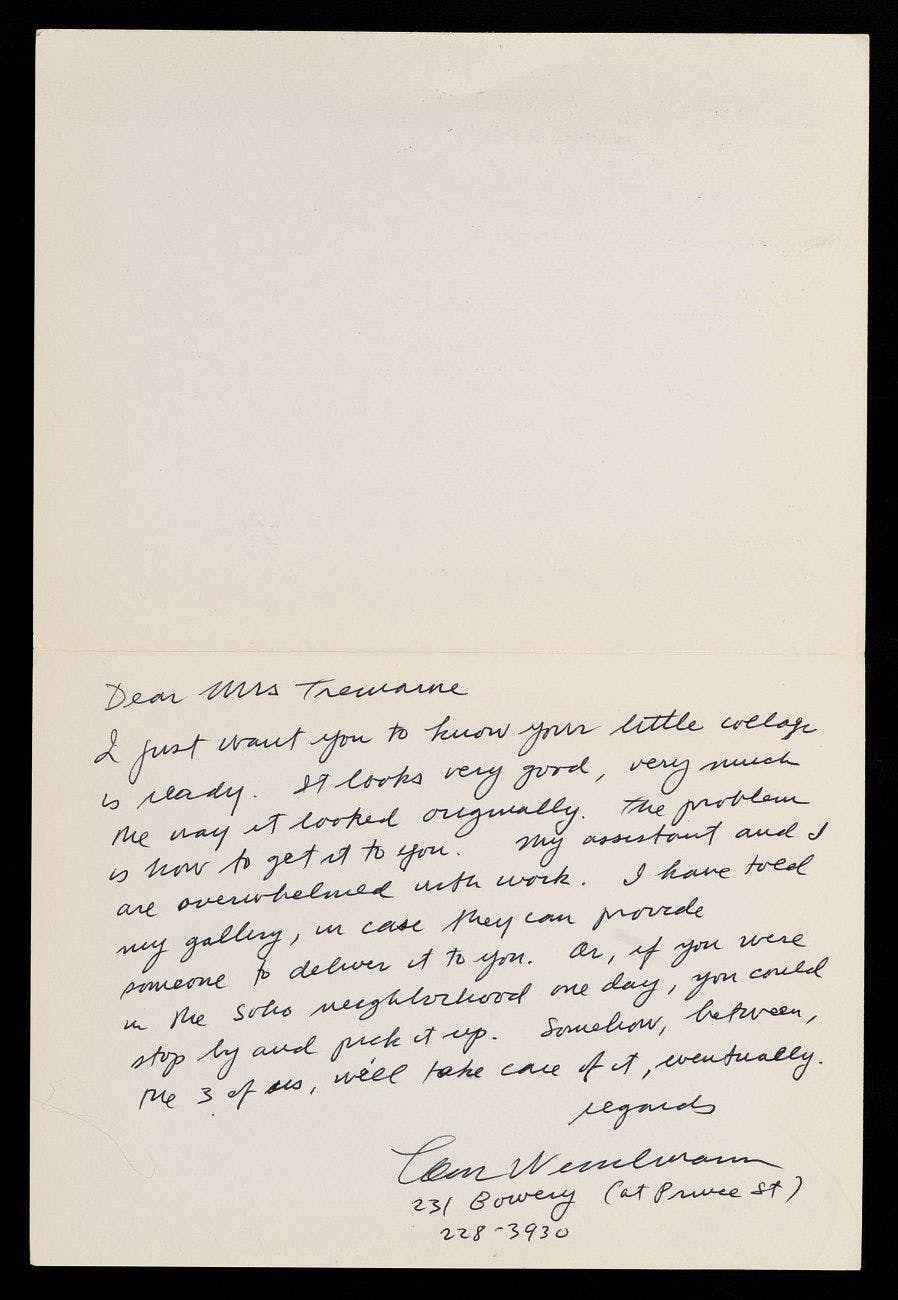 Card to the Tremaines from Tom Wesselmann included in Emily Hall Tremaine's artist files