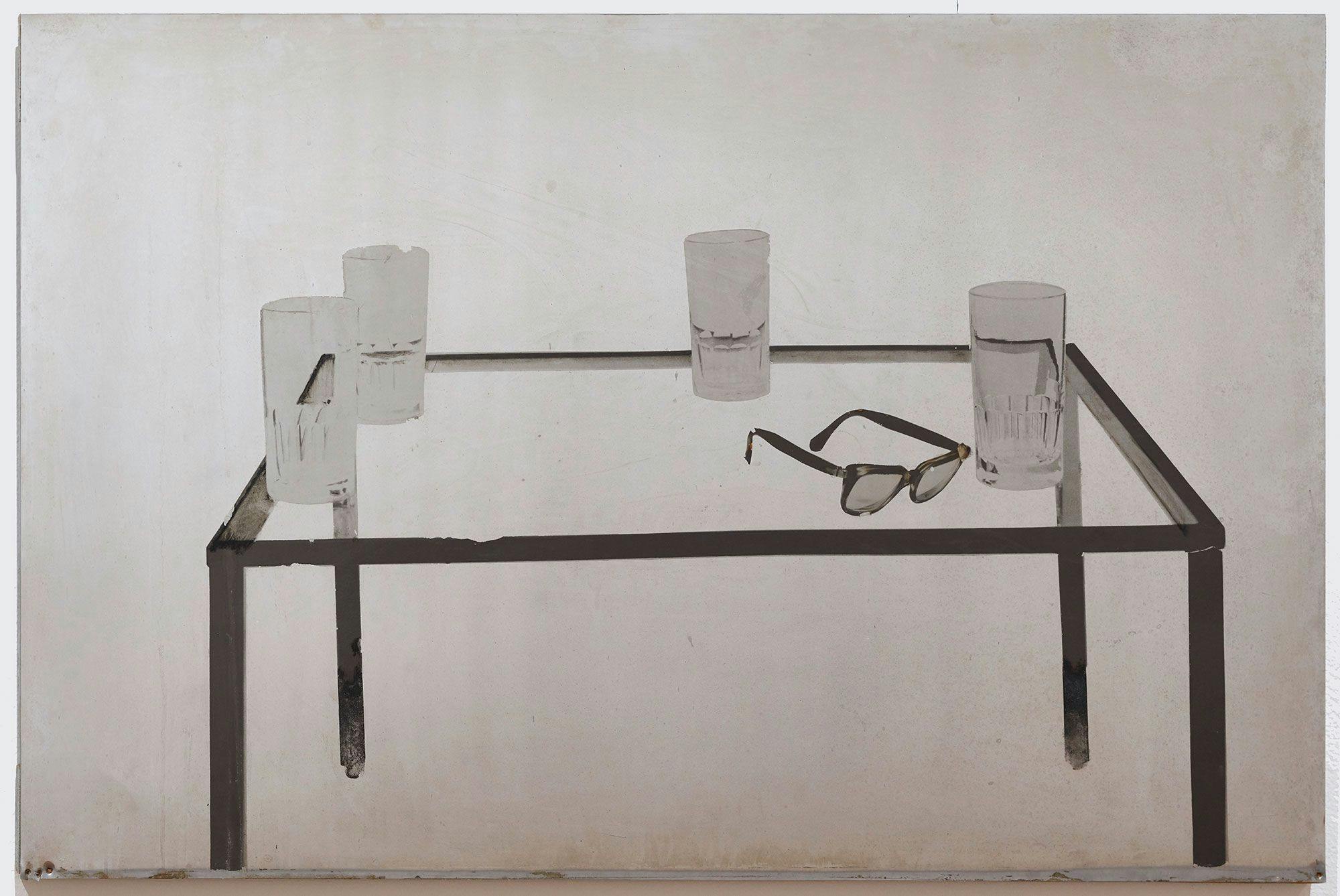 Pistoletto, Michelangelo Italian, born 1933 Tavolino con Bicchieri, 1964 Phototransfer on metal plate, 25 9/16 x 39 3/8 in. (64.9 x 100 cm), height x width