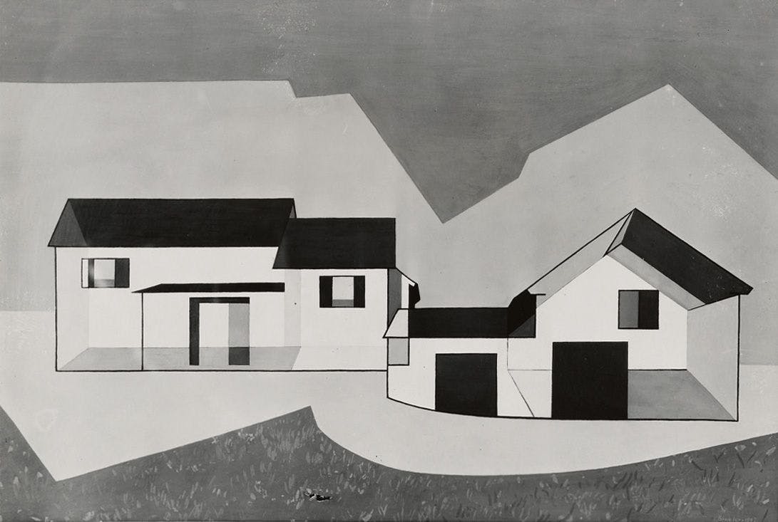 Charles Sheeler, On a Theme of Farm Buildings, 1947