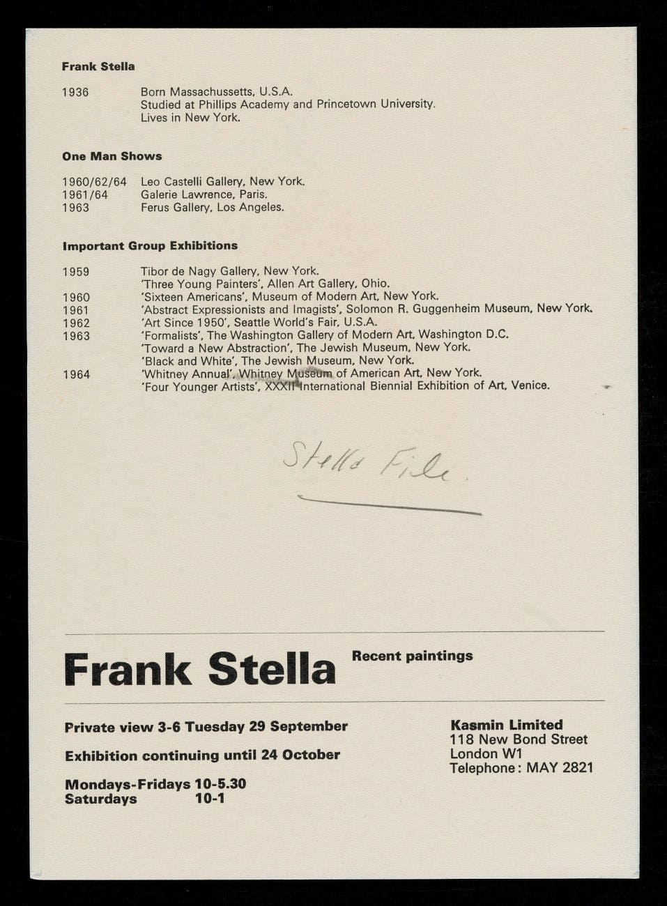 From Emily Hall Tremaine's artist files for Frank Stella