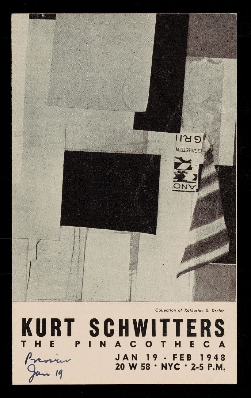 From Emily Hall Tremaine's artist file for Kurt Schwitters