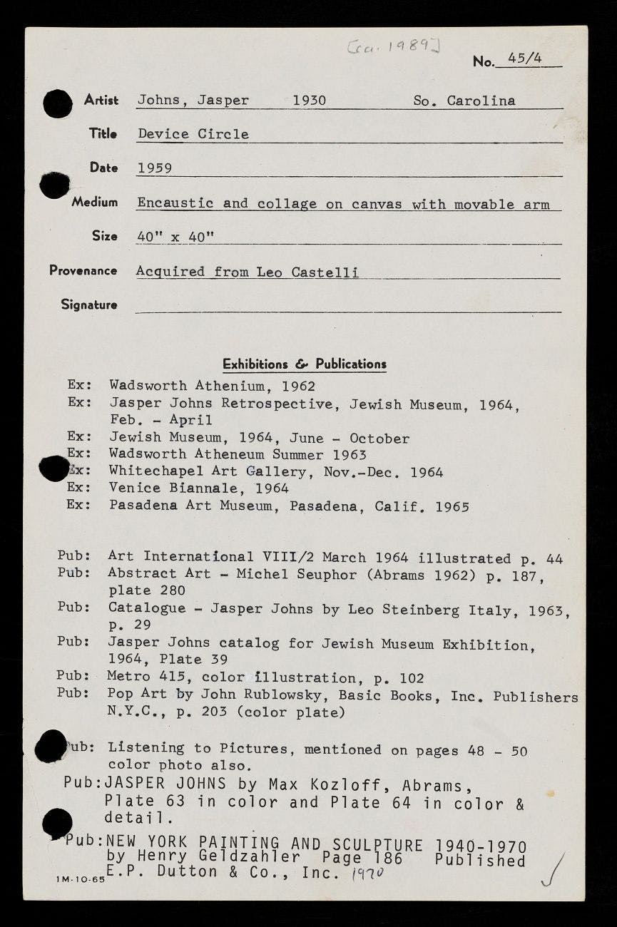 Jasper Johns file card in Emily Hall Tremaine's artist files