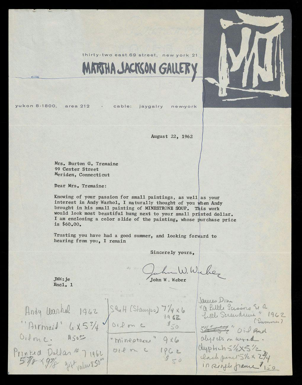 Letter to Emily Hall Tremaine from John Webster about Andy Warhol, Minestrone Soup, 1962