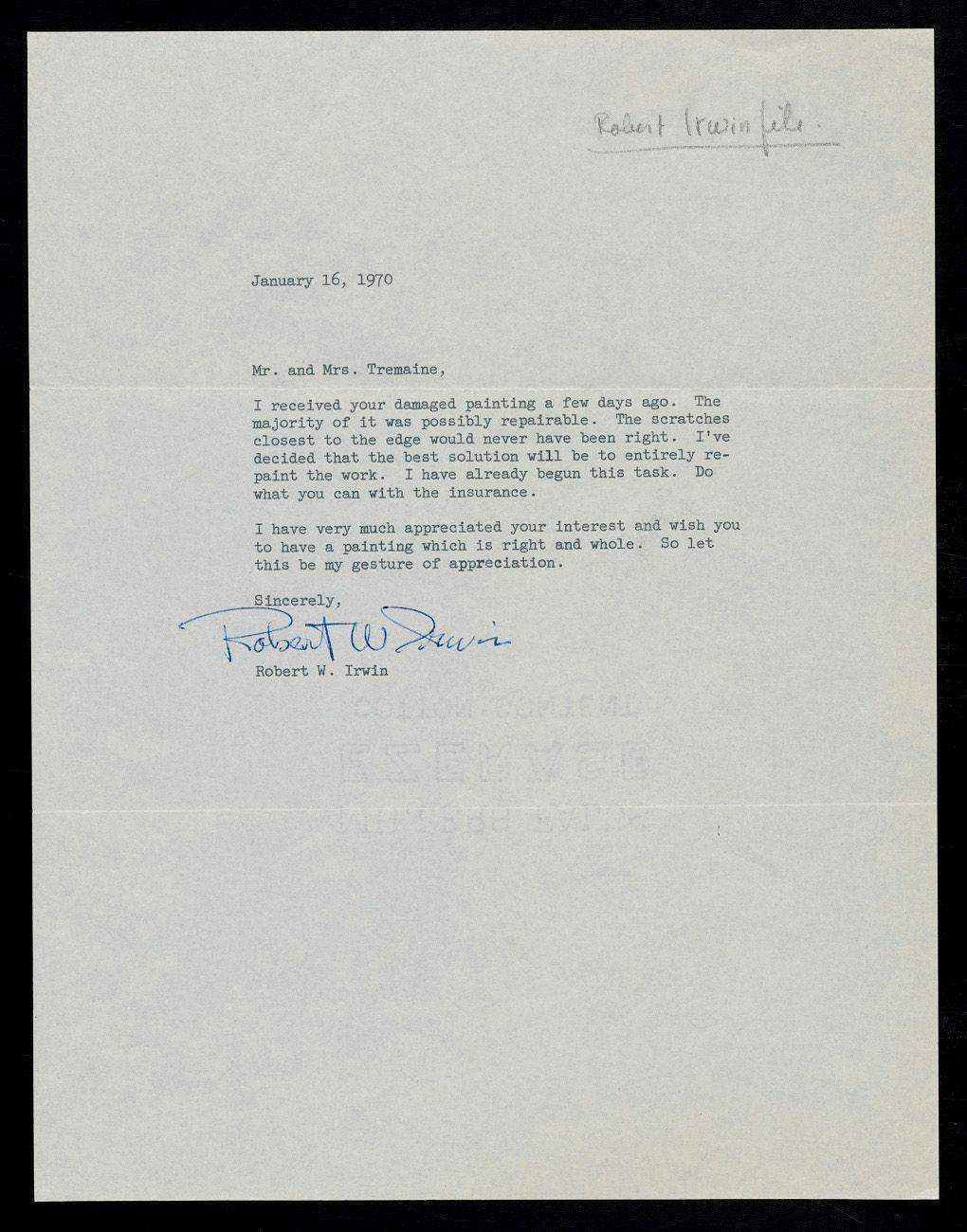 Letter from Robert Irwin to the Tremaines from Emily Hall Tremaine's artist files