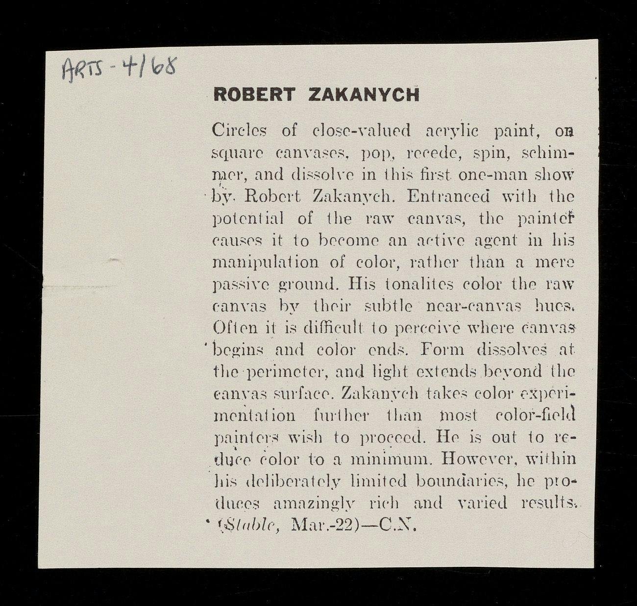 From Emily Hall Tremaine's artist file for Robert Zakanitch