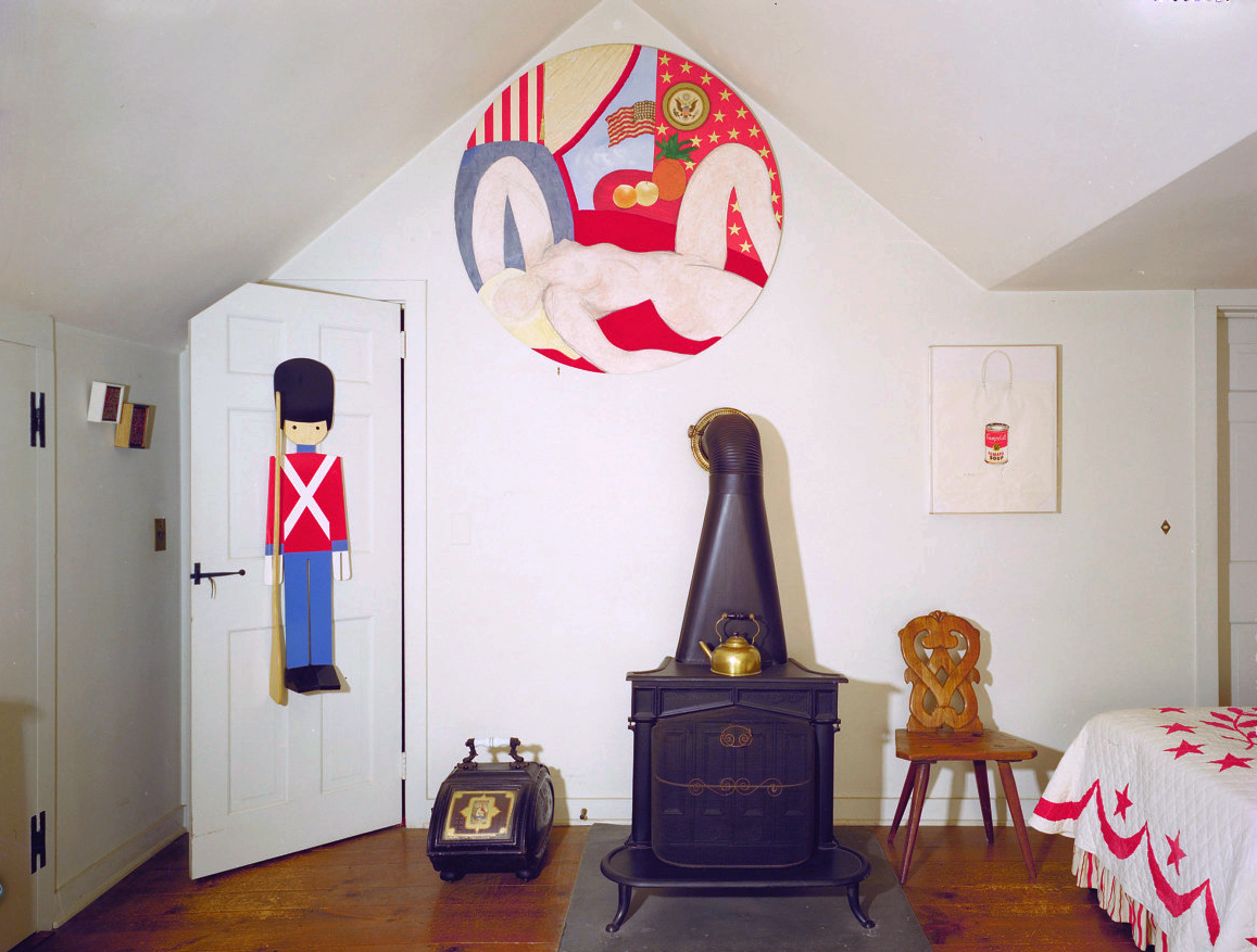 Tom Wesselmann, Great American Nude, in the Tremaines' Madison, CT bedroom with miniatures by door.