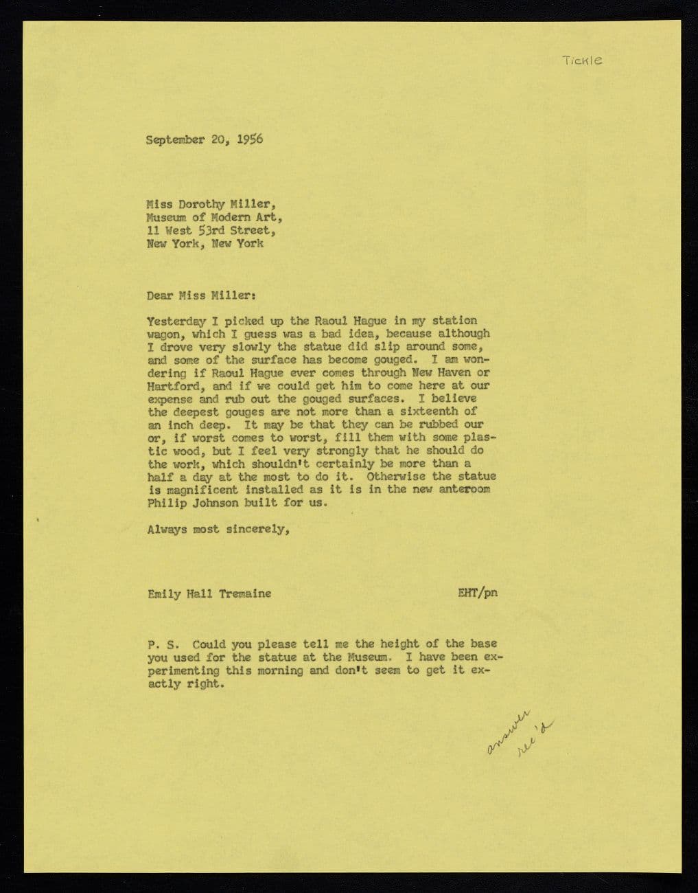 Letter from Emily Hall Tremaine to Dorothy Miller regarding Raoul Hague, Swamp Pepperwood, 1956