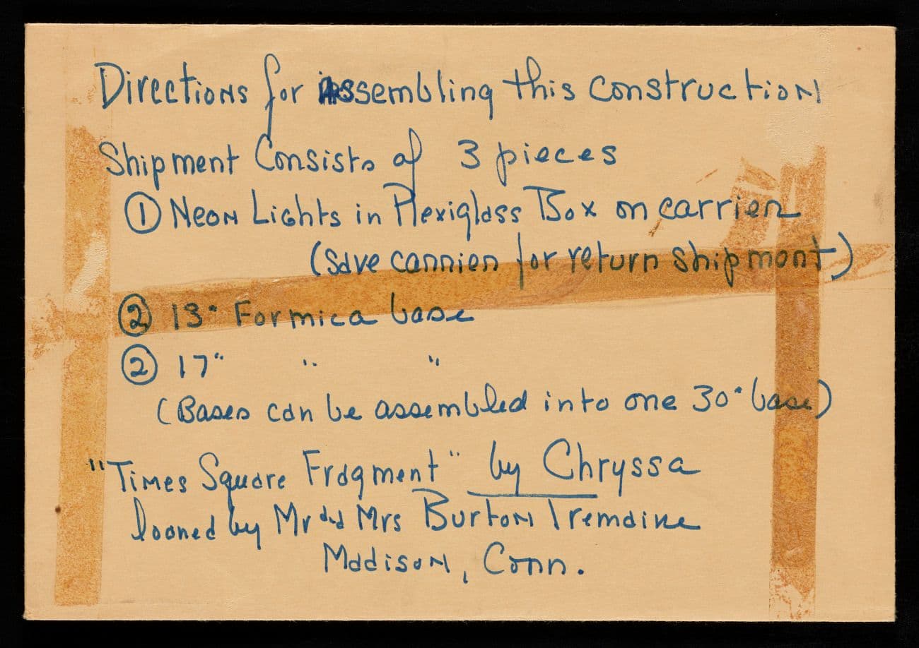 Directions for assembling the construction of Frament for the Gates to Times Square handwritten by Chryssa