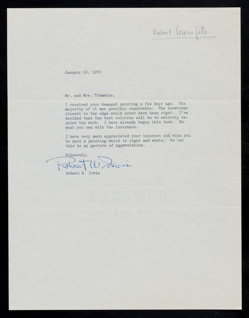 Letter from Robert Irwin to the Tremaines
