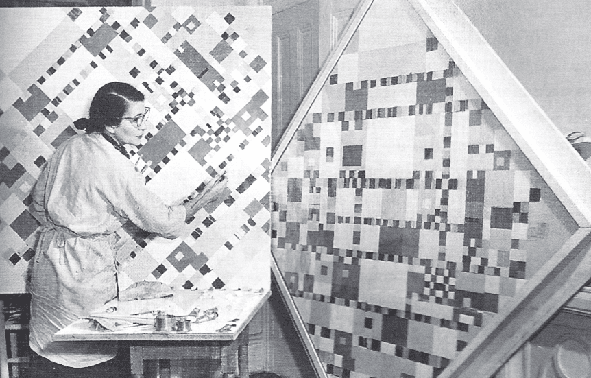 Perle Fine painting an interpretation of Piet Mondrian's Victory Boogie-Woogie.
