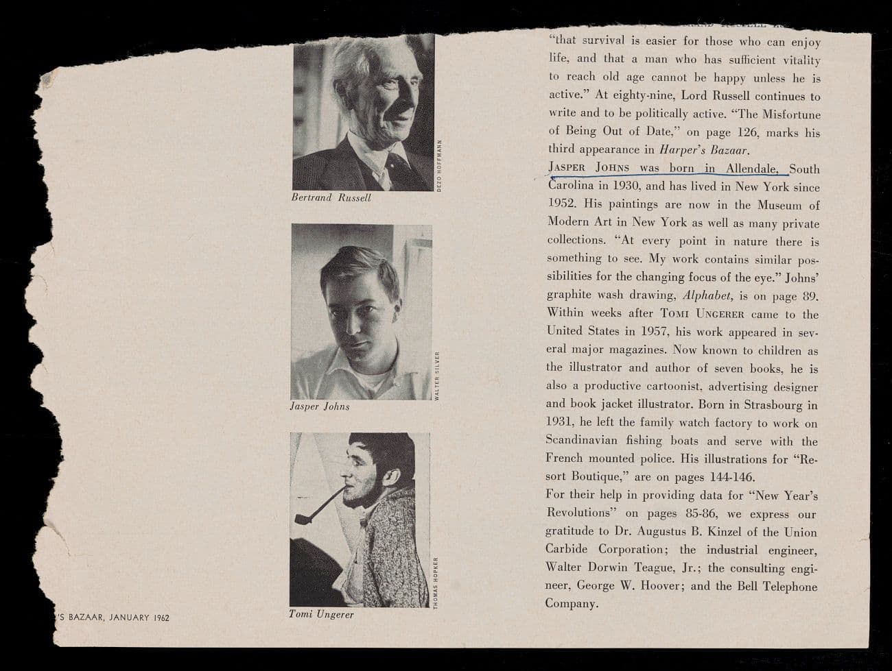 Clipping from Harper's Bazaar in Emily Hall Tremaine's artist file for Jasper Johns