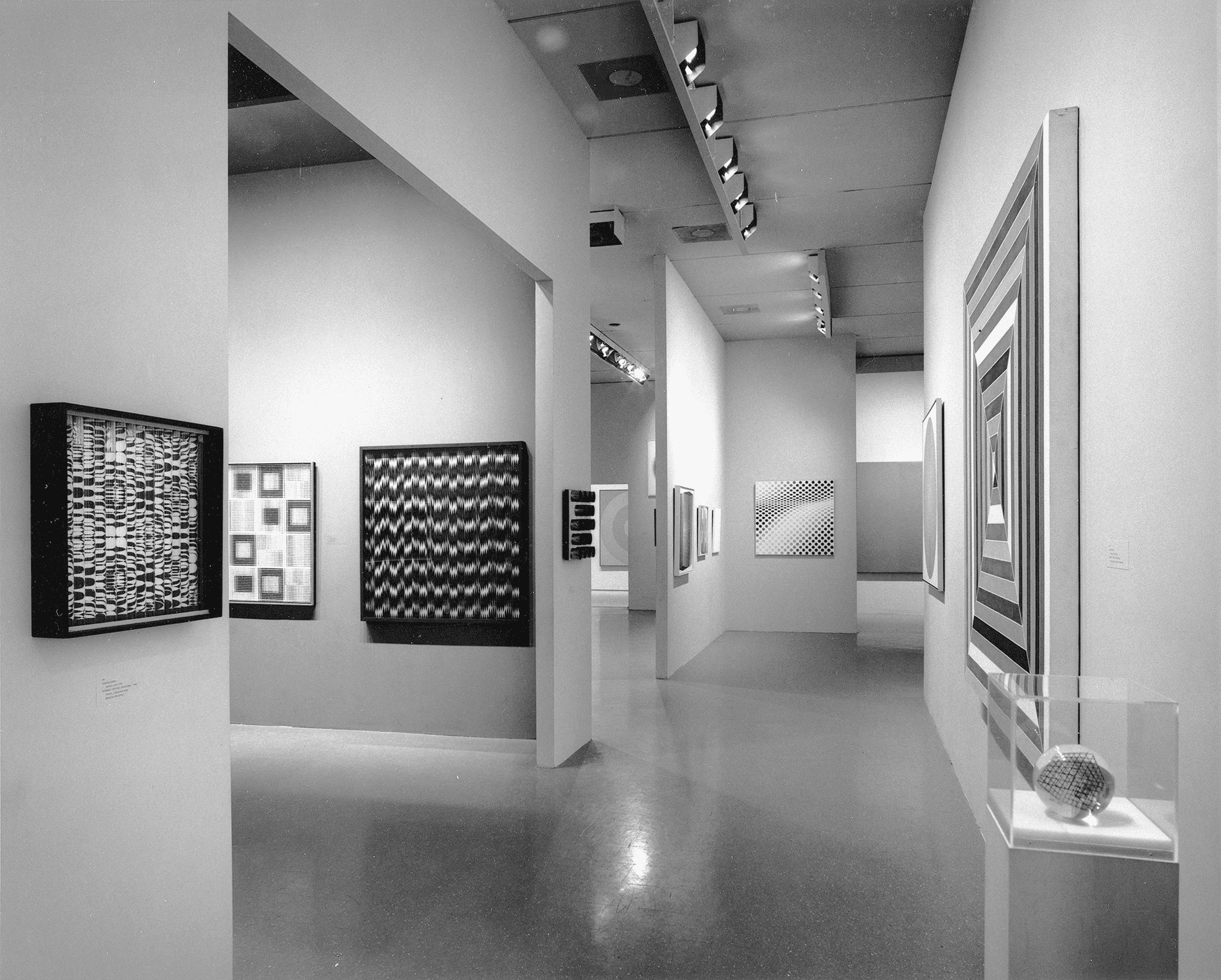 The Responsive Eye (curated by William Seitz) at The Museum of Modern Art, New York, 1965, with Bridget Riley’s Hesitate at the end of the corridor